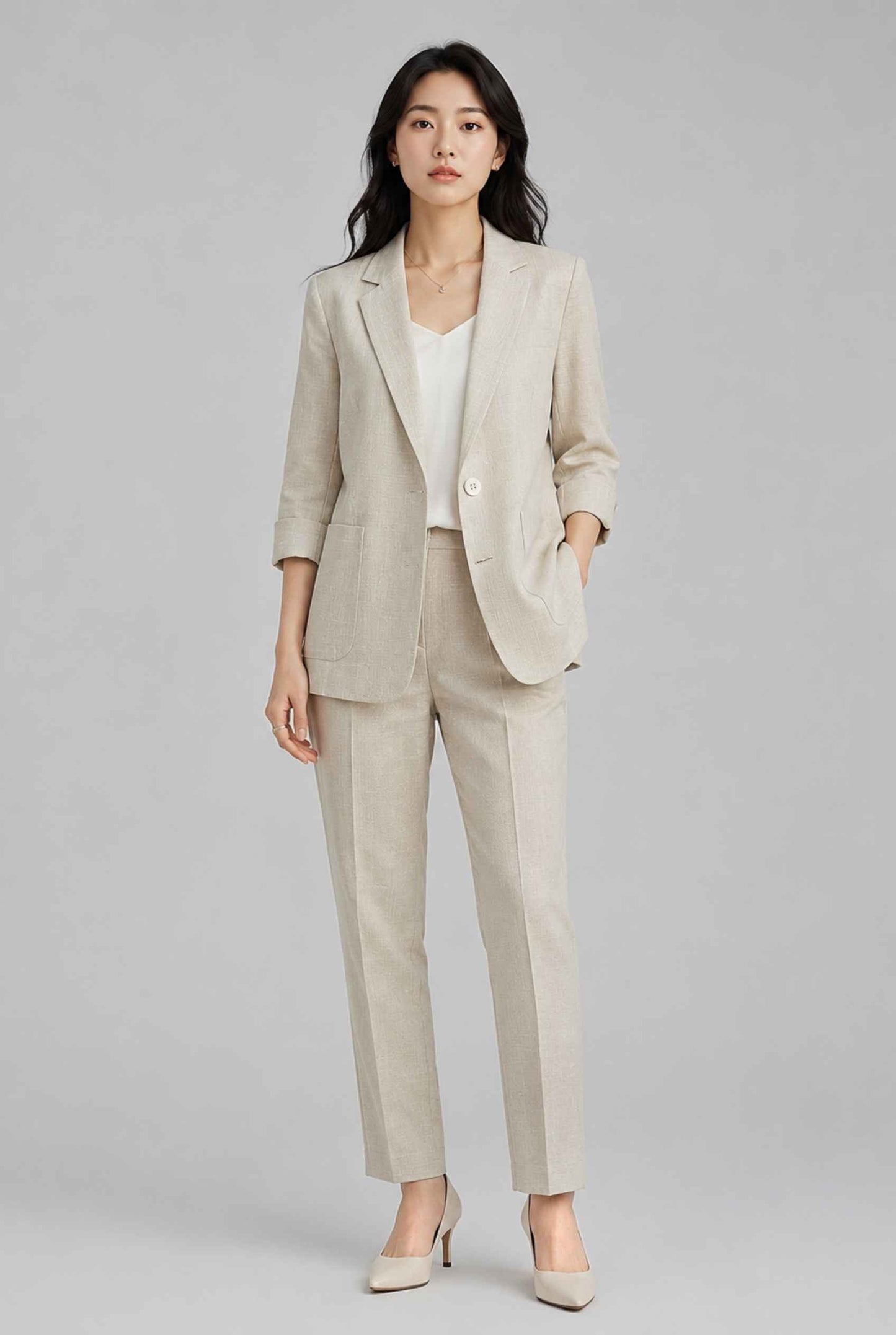 Virtual Model Wearing The Willa Lightweight Blazer Linen-Look Cuffed  Light Gray Blazer Jacket