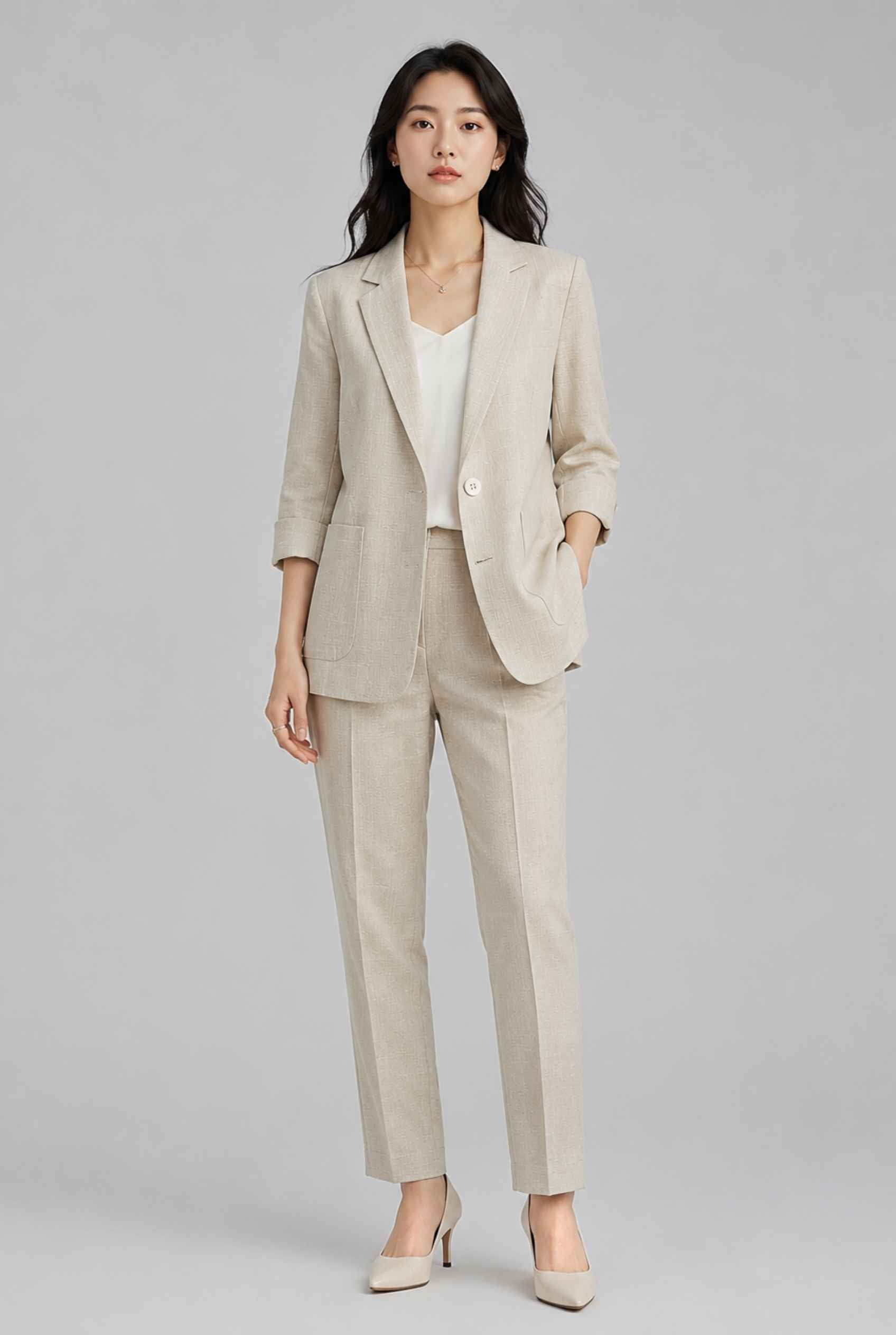 Virtual Model Wearing The Willa Lightweight Blazer Linen-Look Cuffed  Light Gray Blazer Jacket