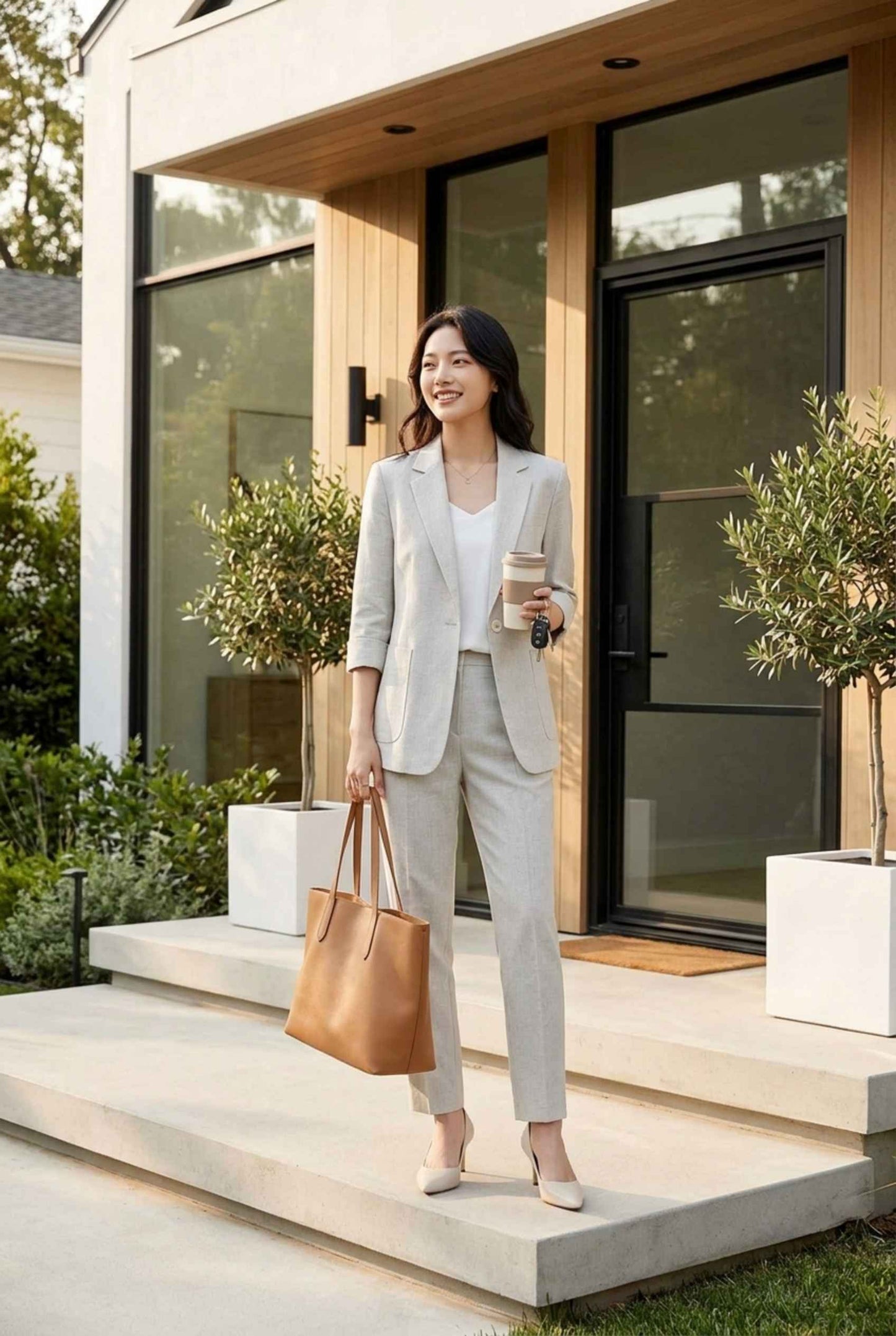 Virtual Model Wearing The Willa Lightweight Blazer Linen-Look Cuffed  Light Gray Blazer Jacket