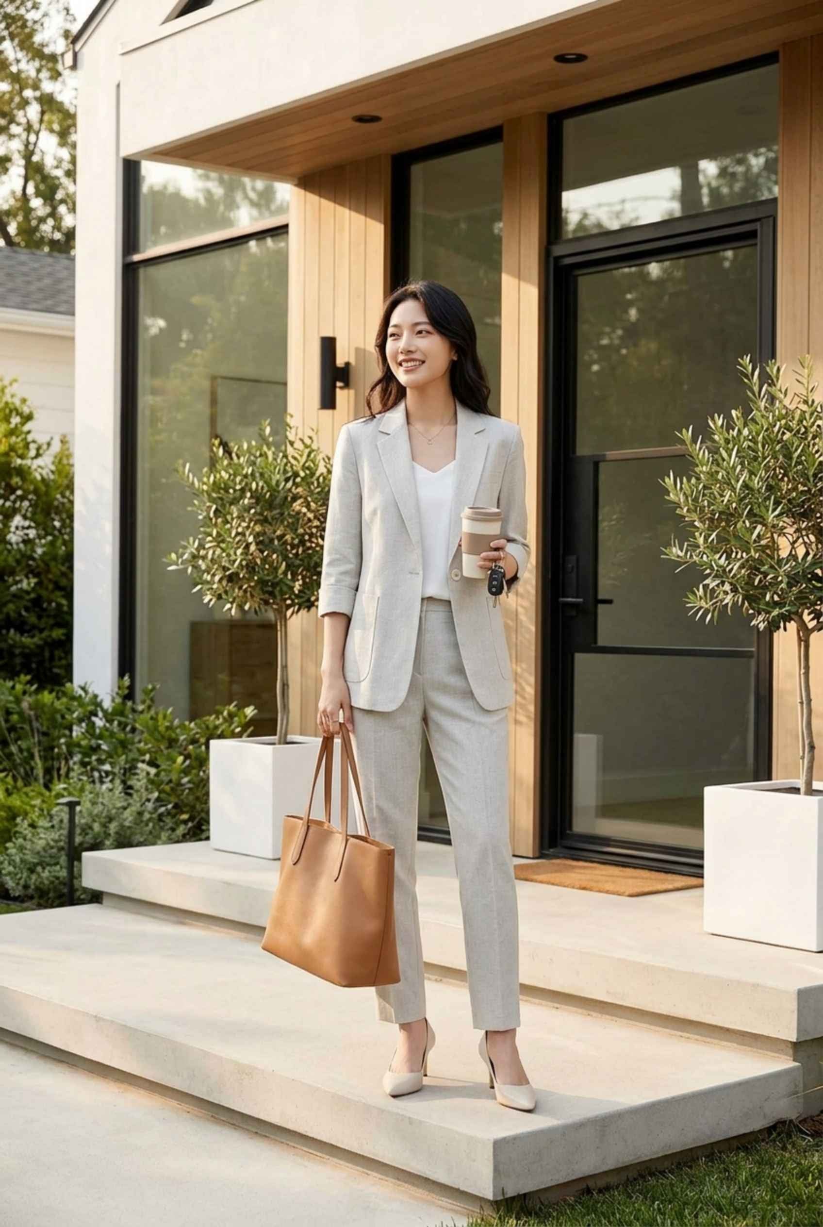 Virtual Model Wearing The Willa Lightweight Blazer Linen-Look Cuffed  Light Gray Blazer Jacket