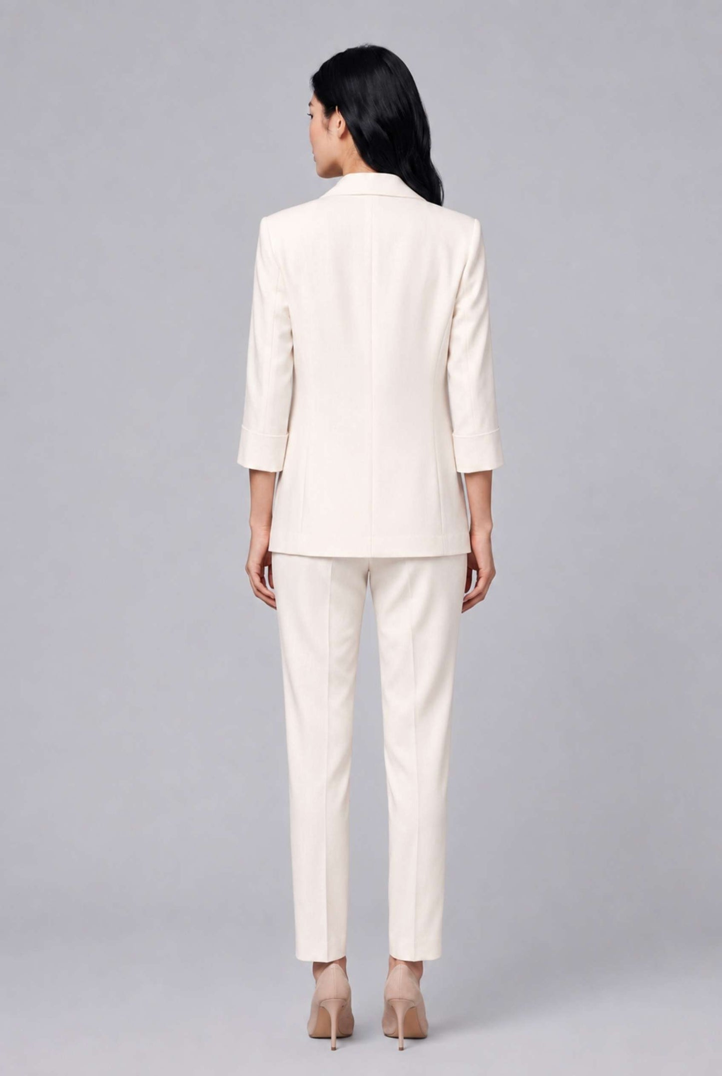 Virtual Model Wearing The Willa Lightweight Blazer Linen-Look Cuffed  Off White Blazer Jacket
