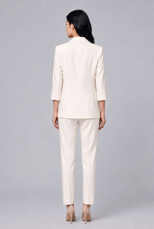 Virtual Model Wearing The Willa Lightweight Blazer Linen-Look Cuffed  Off White Blazer Jacket