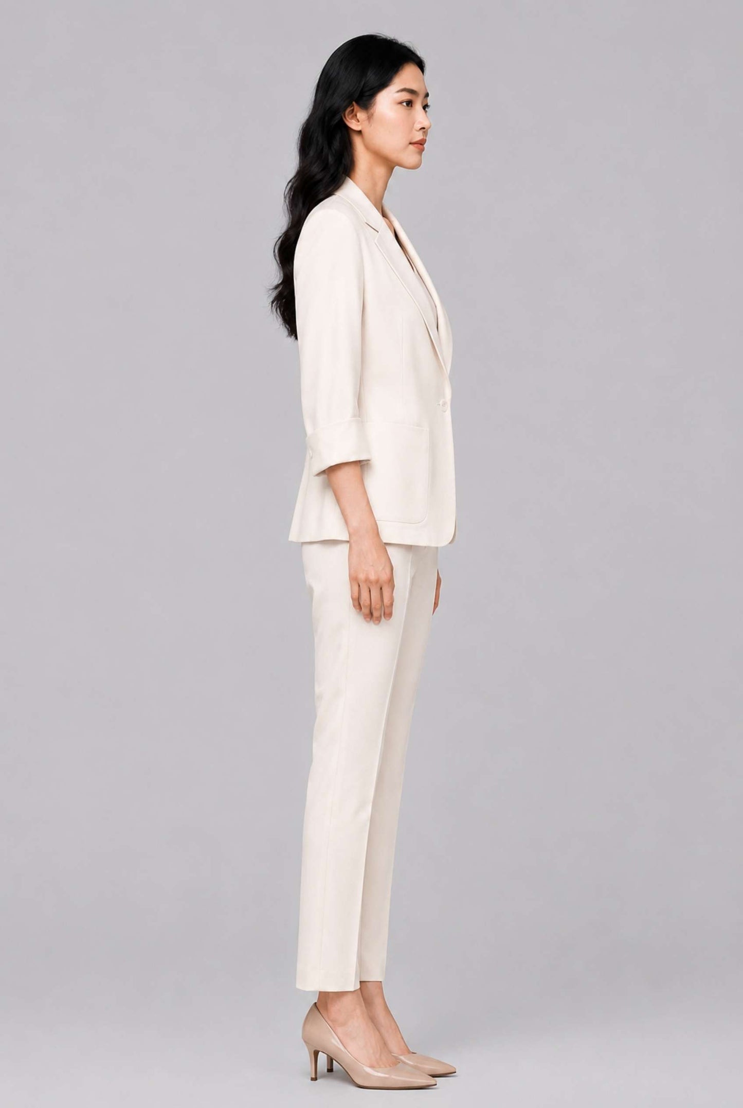 Virtual Model Wearing The Willa Lightweight Blazer Linen-Look Cuffed  Off White Blazer Jacket