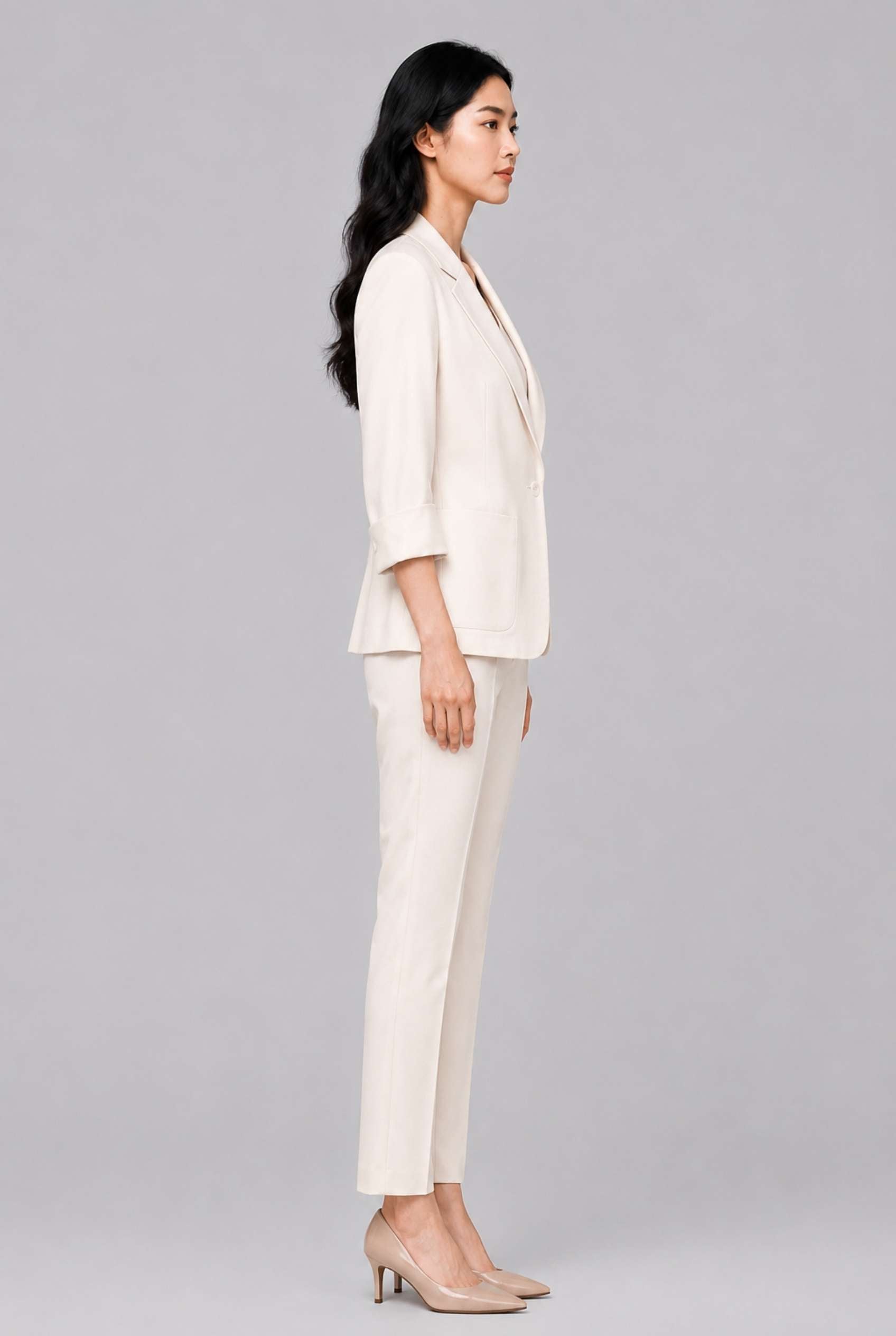 Virtual Model Wearing The Willa Lightweight Blazer Linen-Look Cuffed  Off White Blazer Jacket