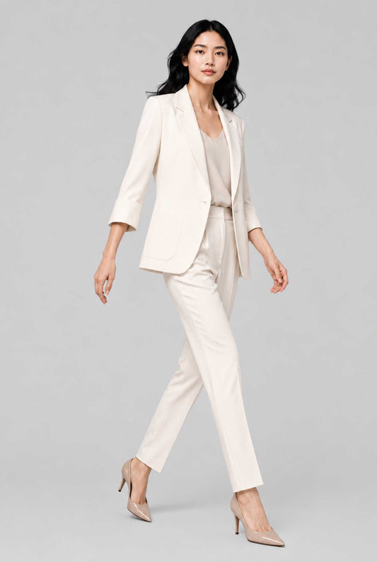 Virtual Model Wearing The Willa Lightweight Blazer Linen-Look Cuffed  Off White Blazer Jacket