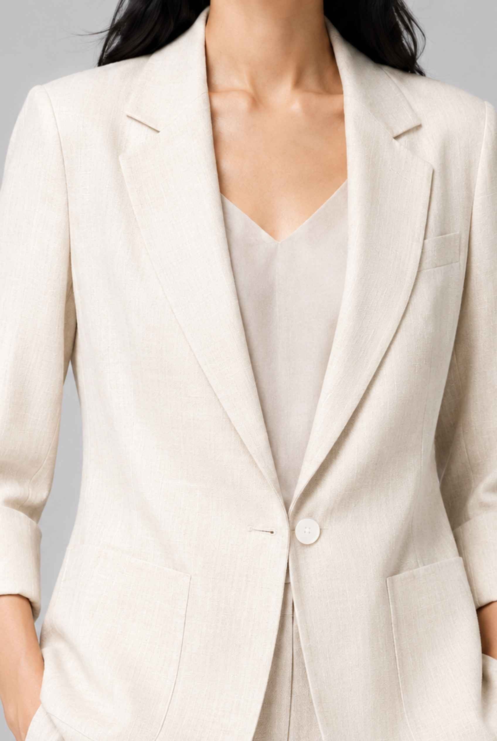 Virtual Model Wearing The Willa Lightweight Blazer Linen-Look Cuffed  Off White Blazer Jacket