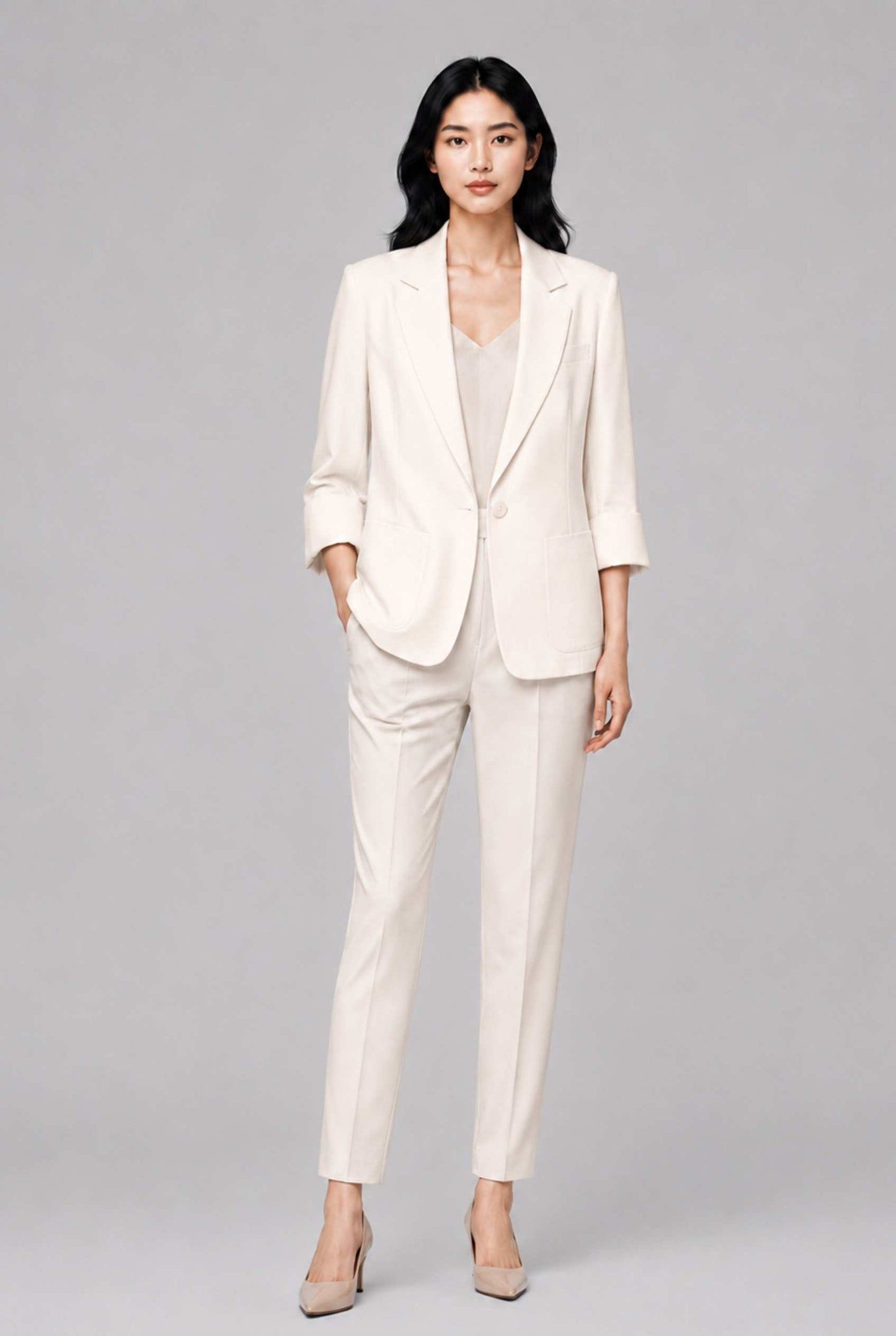 Virtual Model Wearing The Willa Lightweight Blazer Linen-Look Cuffed  Off White Blazer Jacket