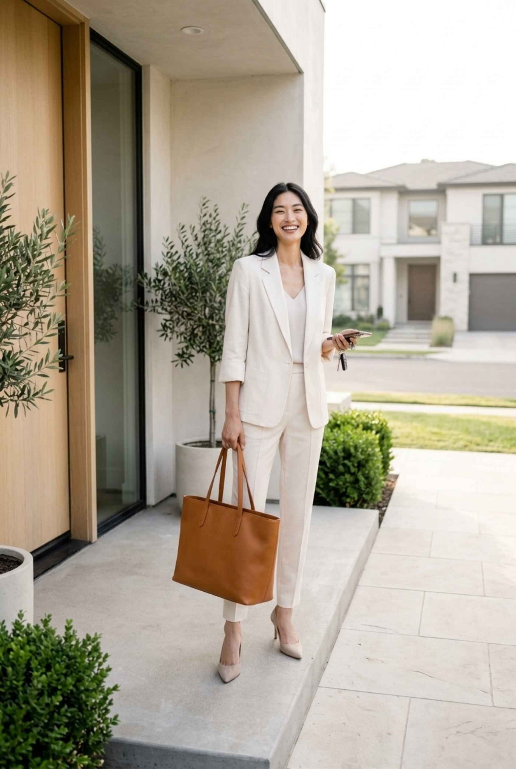 Virtual Model Wearing The Willa Lightweight Blazer Linen-Look Cuffed  Off White Blazer Jacket