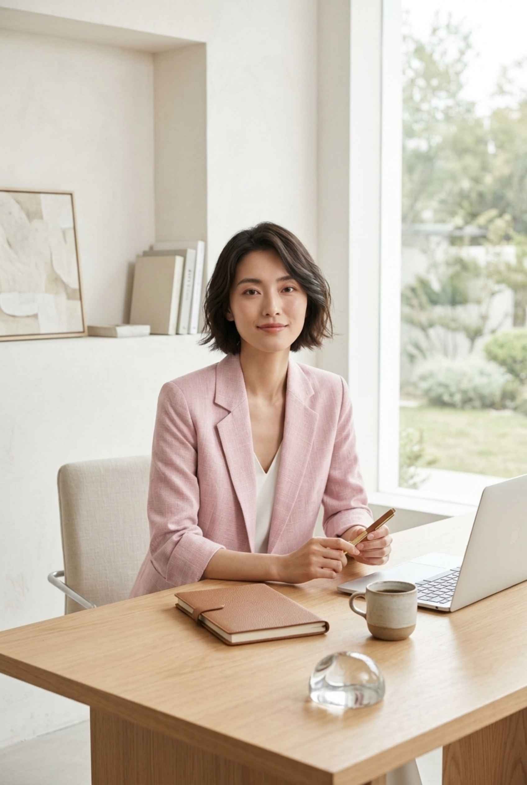 Virtual Model Wearing The Willa Lightweight Blazer Linen-Look Cuffed  Blush Blazer Jacket