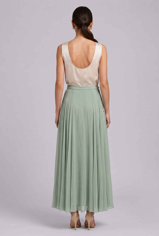 Virtual Model Wearing The Willow Chiffon Skirt Sage Green Crinkle Chiffon Maxi Skirt