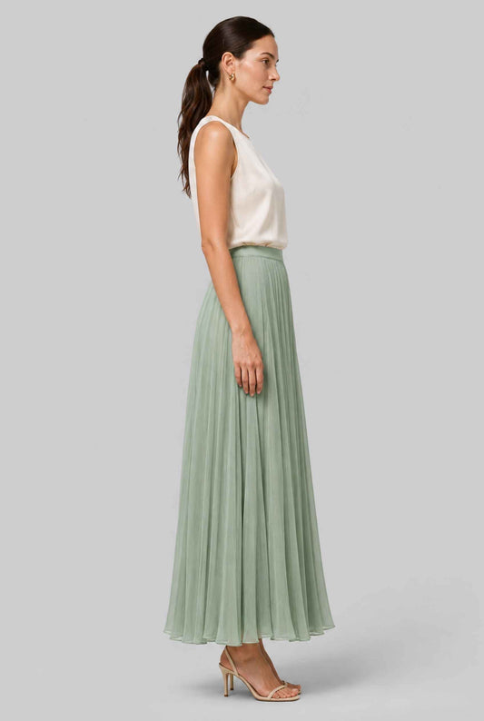 Virtual Model Wearing The Willow Chiffon Skirt Sage Green Crinkle Chiffon Maxi Skirt