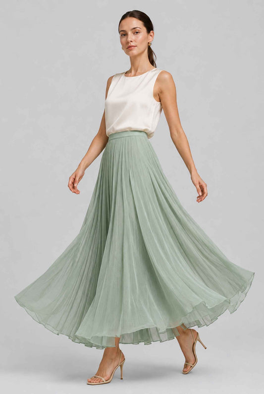 Virtual Model Wearing The Willow Chiffon Skirt Sage Green Crinkle Chiffon Maxi Skirt
