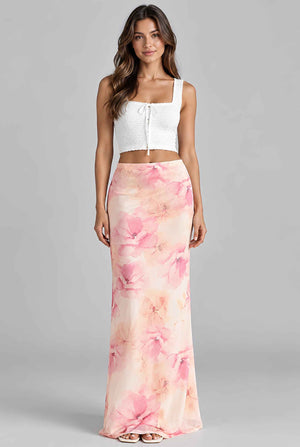 Virtual model wearing The Yara Floral Skirt Watercolor Floral Print Chiffon Maxi Skirt Pink