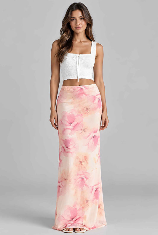 Virtual model wearing The Yara Floral Skirt Watercolor Floral Print Chiffon Maxi Skirt Pink