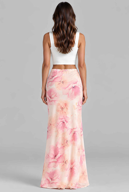 Virtual model wearing The Yara Floral Skirt Watercolor Floral Print Chiffon Maxi Skirt Pink