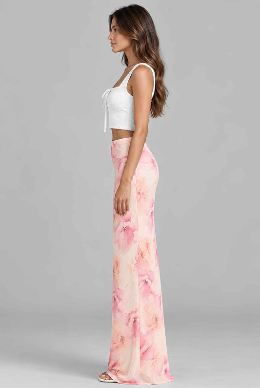 Virtual model wearing The Yara Floral Skirt Watercolor Floral Print Chiffon Maxi Skirt Pink