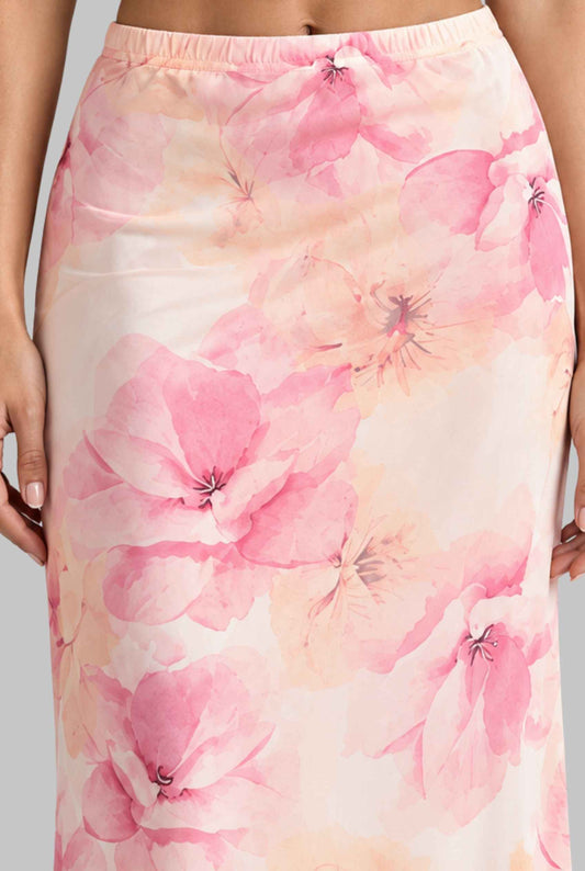 Virtual model wearing The Yara Floral Skirt Watercolor Floral Print Chiffon Maxi Skirt Pink