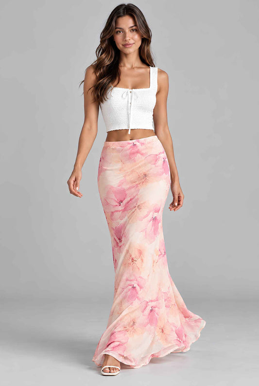 Virtual model wearing The Yara Floral Skirt Watercolor Floral Print Chiffon Maxi Skirt Pink