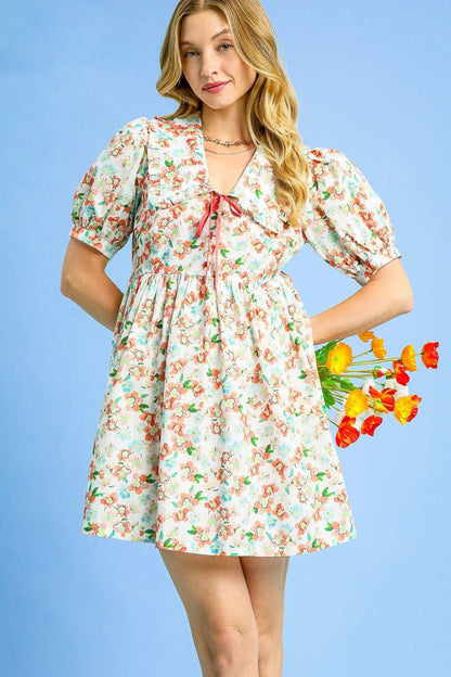 Floral Print Puff Sleeve Tie Front Mini Dress