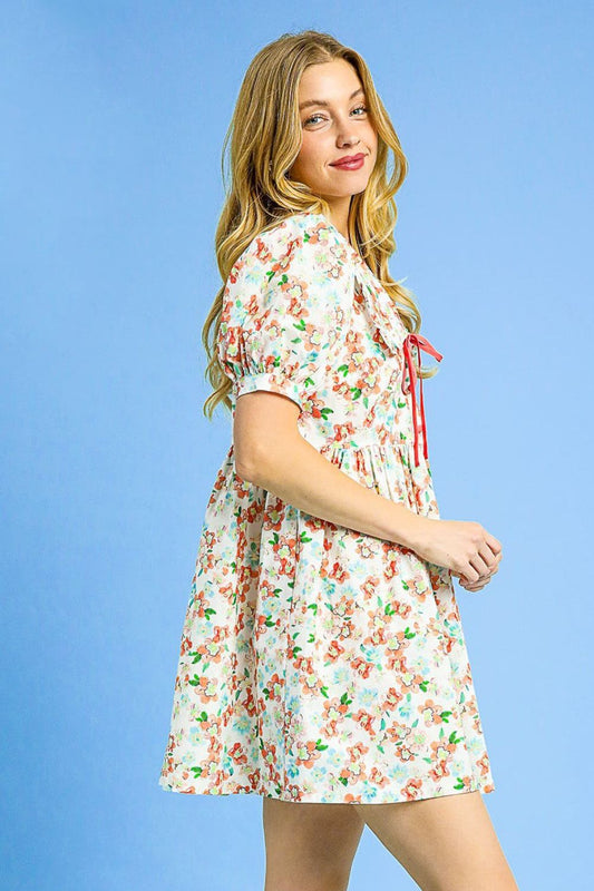 Floral Print Puff Sleeve Tie Front Mini Dress