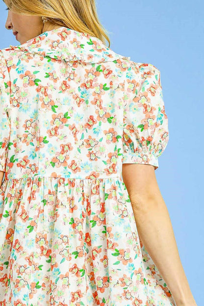 Floral Print Puff Sleeve Tie Front Mini Dress