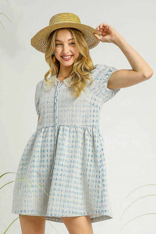 Lace Detail Short Puff Sleeve Mini Dress