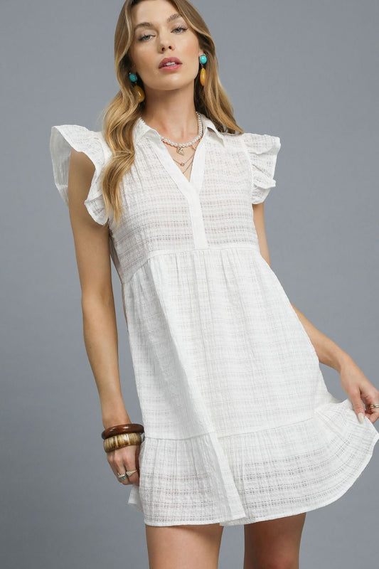 Ruffle Cap Sleeve Textured Mini Dress