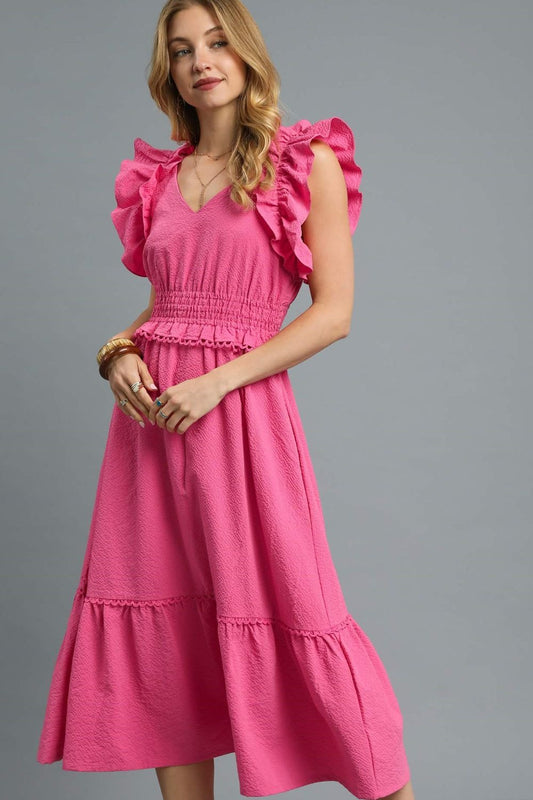 V-Neck Ruffled Cap Sleeve Midi Dress