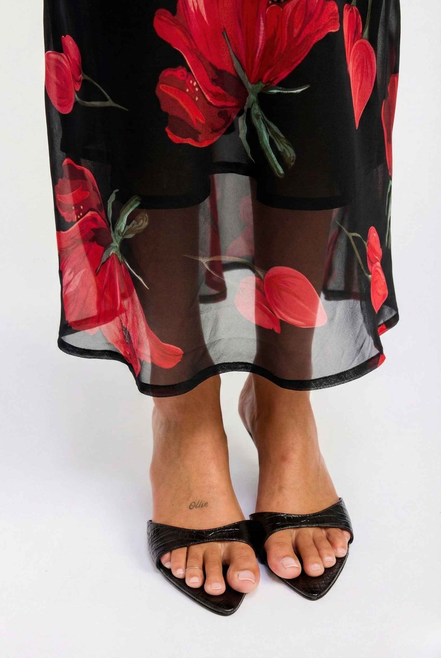 Valentina Maxi Black Cowl Neck Floral Mesh Dress with red floral patterns worn by a person on a white background