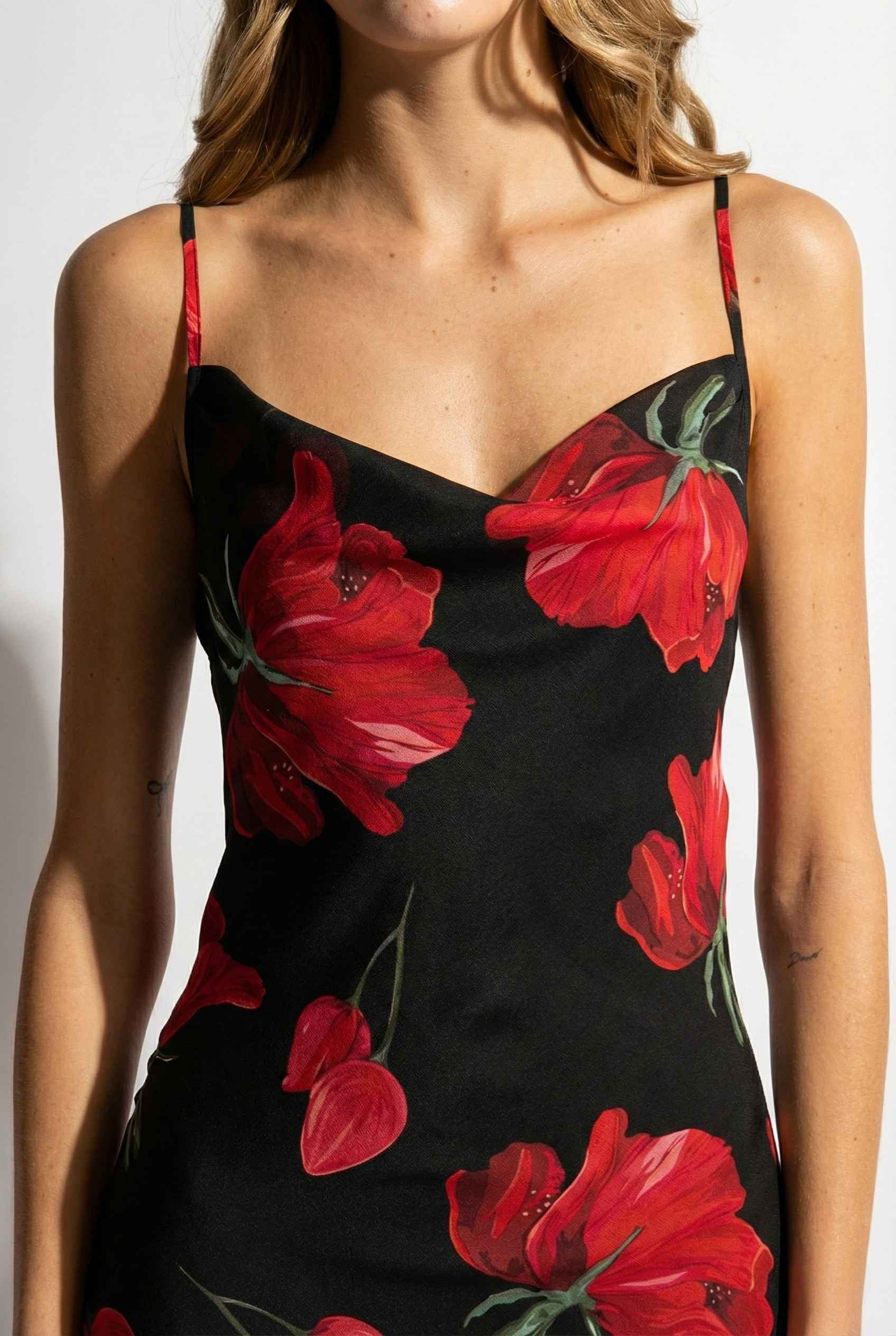 Valentina Maxi Black Cowl Neck Floral Mesh Dress with red floral pattern worn by a person