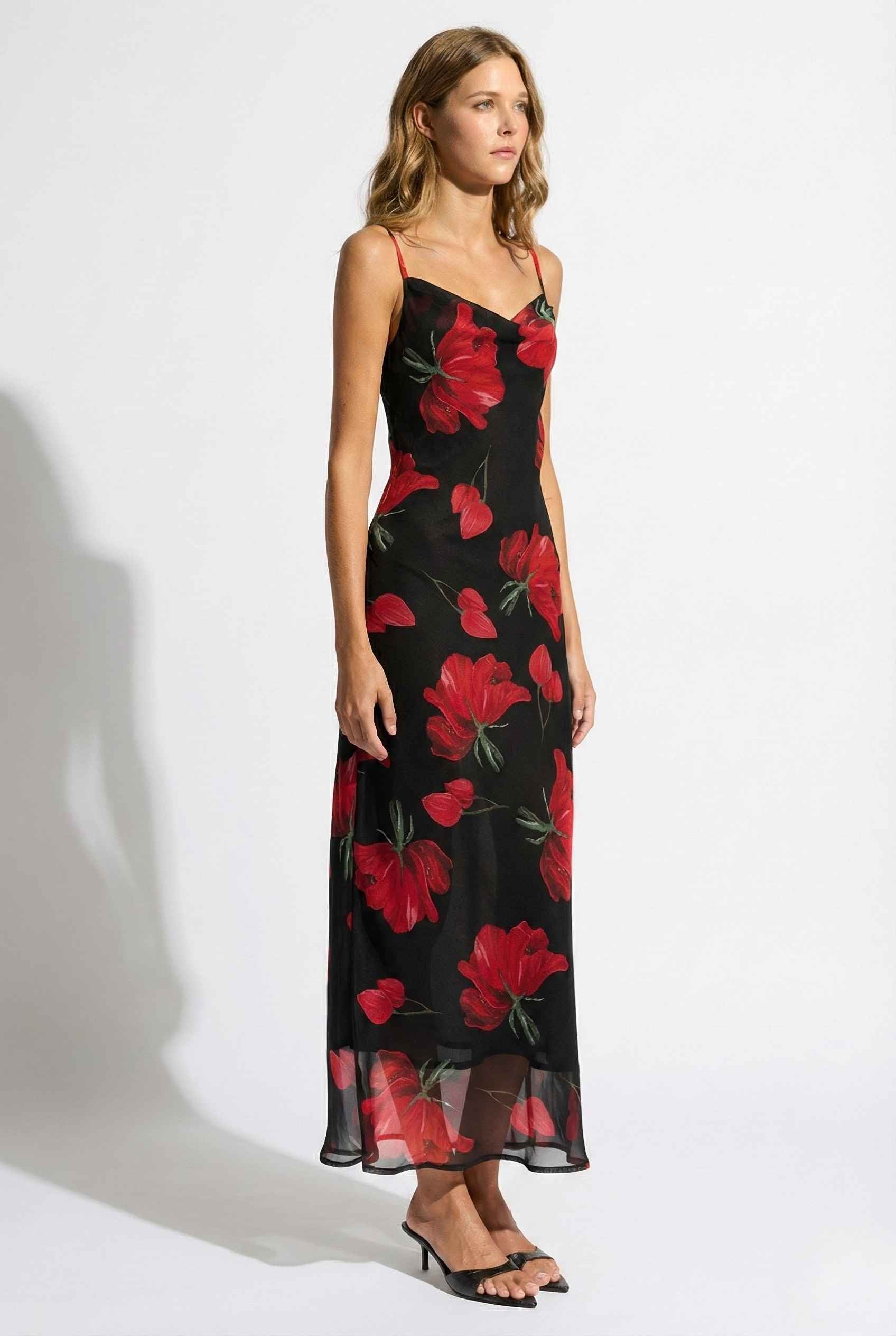 Woman wearing a Valentina Maxi Black Cowl Neck Floral Mesh Dress on a white background
