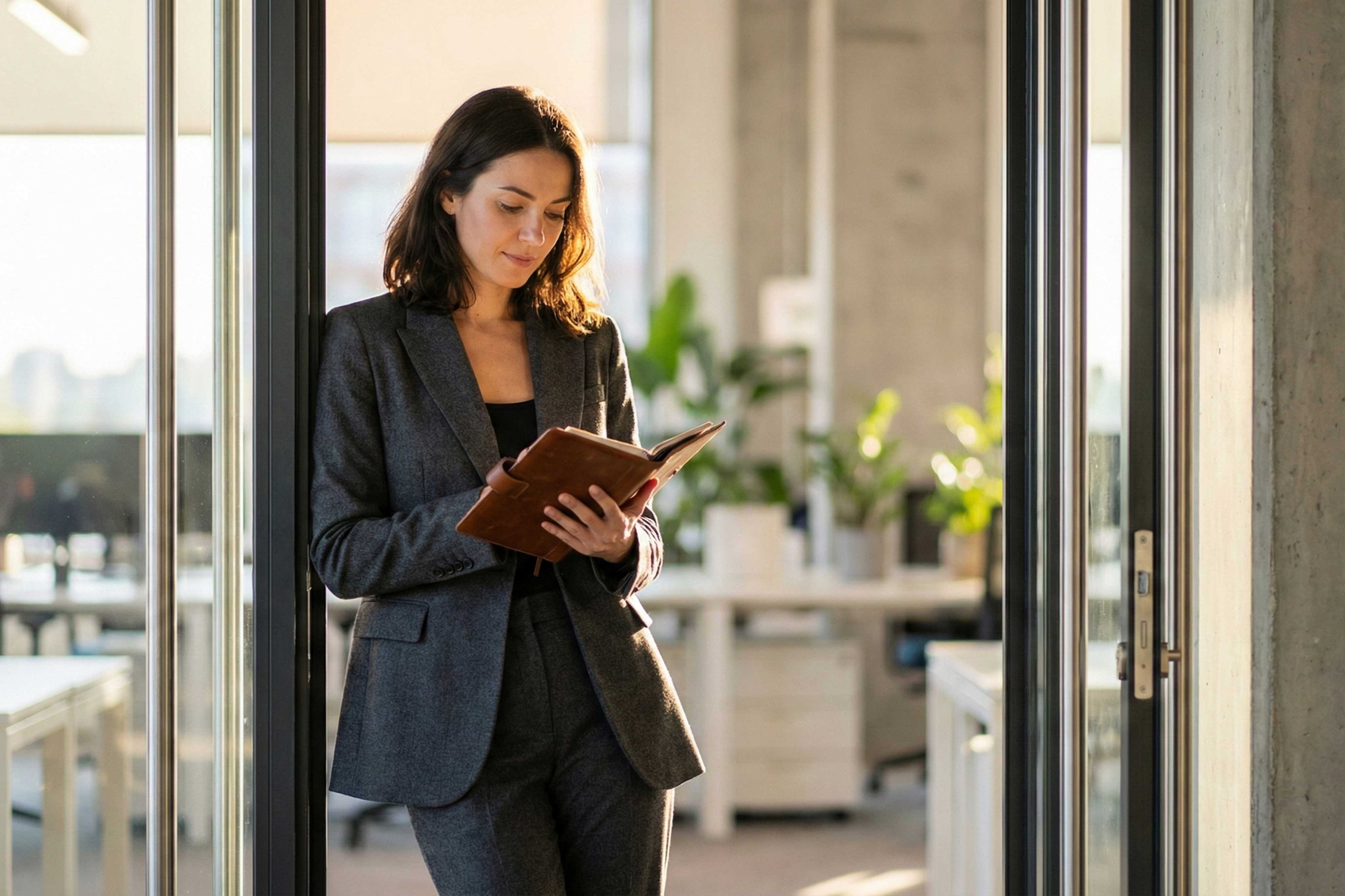 Woman in a suit reading a document in an office setting