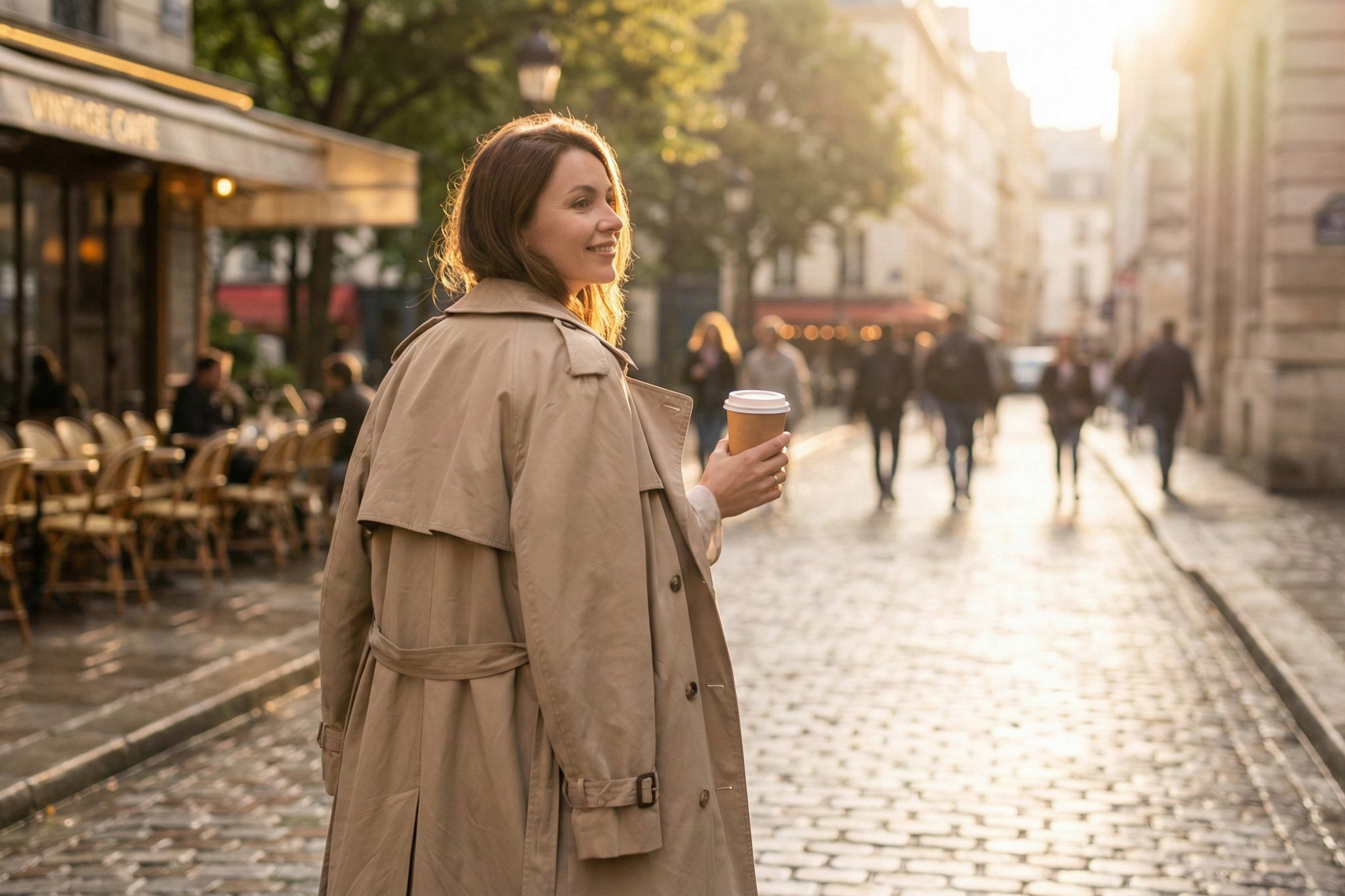 Woman in a trench coat holding a coffee cup on a city street.