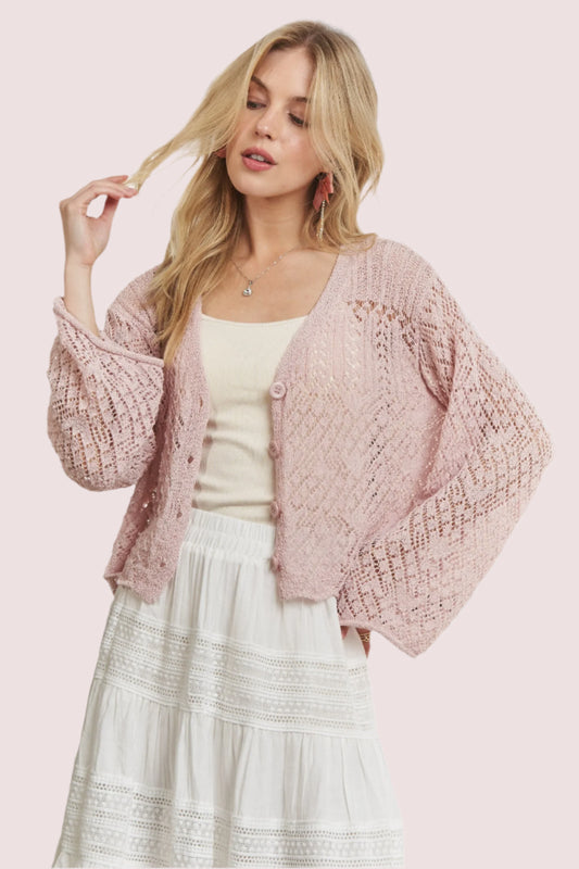 ADORA Long Sleeves Crochet Sweater Top in soft pink with a relaxed fit and button closure
