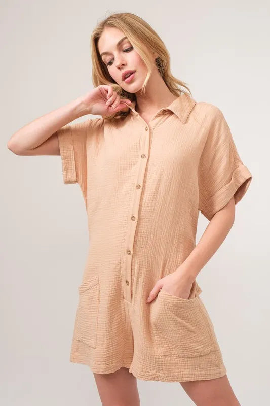 And The Why Washed Gauze Roll-up Sleeve Comfort Utility Romper in Soft Beige with Front Pockets