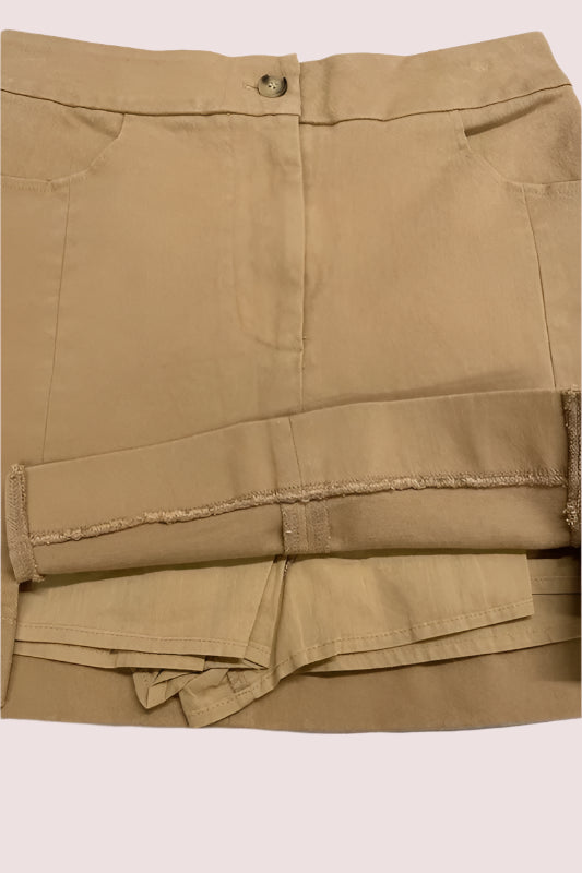 Annie Wear Comfort Stretch Cotton Slit Detailed Mini Skirt in Soft Tan with Front Pockets and Stylish Hem