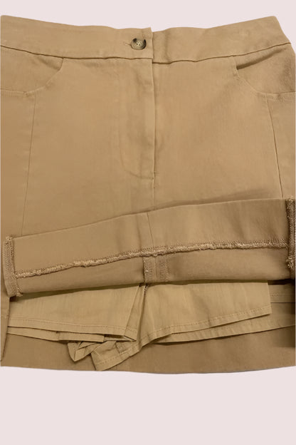 Annie Wear Comfort Stretch Cotton Slit Detailed Mini Skirt in Soft Tan with Front Pockets and Stylish Hem