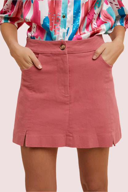 Annie Wear Comfort Stretch Cotton Slit Detailed Mini Skirt in pink with pockets and button closure