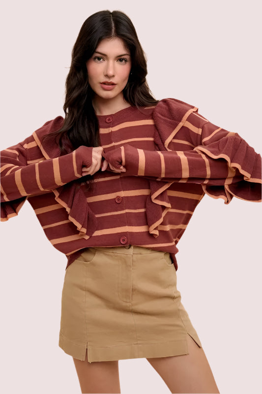 Woman modeling Annie Wear Comfort Stretch Cotton Slit Detailed Mini Skirt with a striped sweater