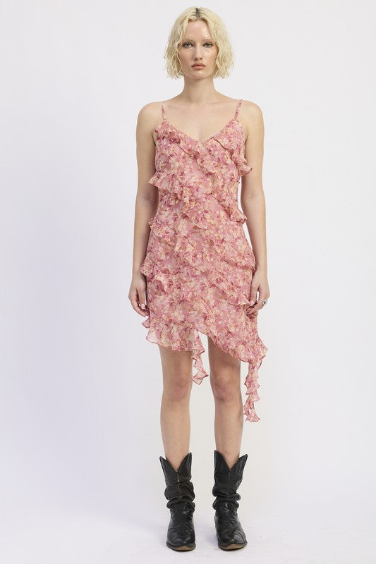 Emory Park Asymmetrical Ruffle Mini Dress in pink floral print with spaghetti straps and ruffled tiers with black cowboy boots