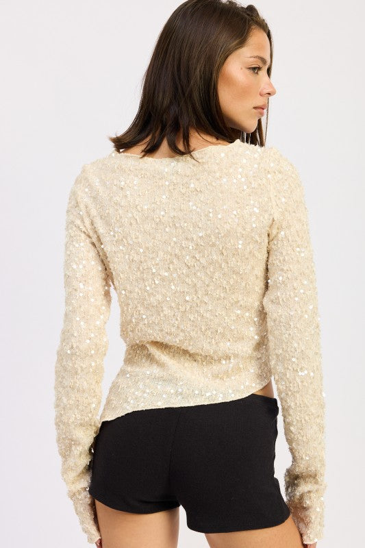Emory Park Asymmetrical Sequin Top in beige with a stylish back design for a chic look