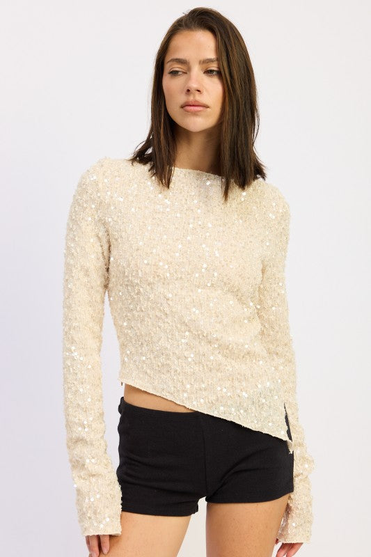 Emory Park Asymmetrical Sequin Top in Beige with Long Sleeves and Unique Design