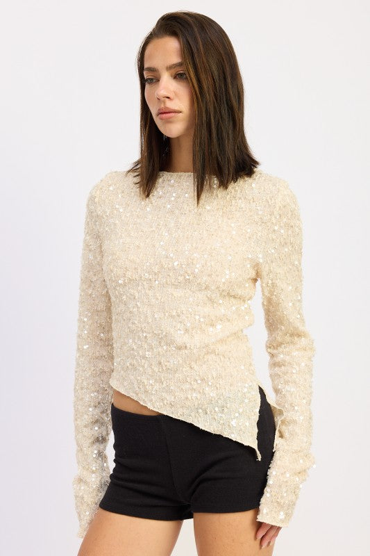 Stylish Emory Park Asymmetrical Sequin Top with shimmering details and long sleeves