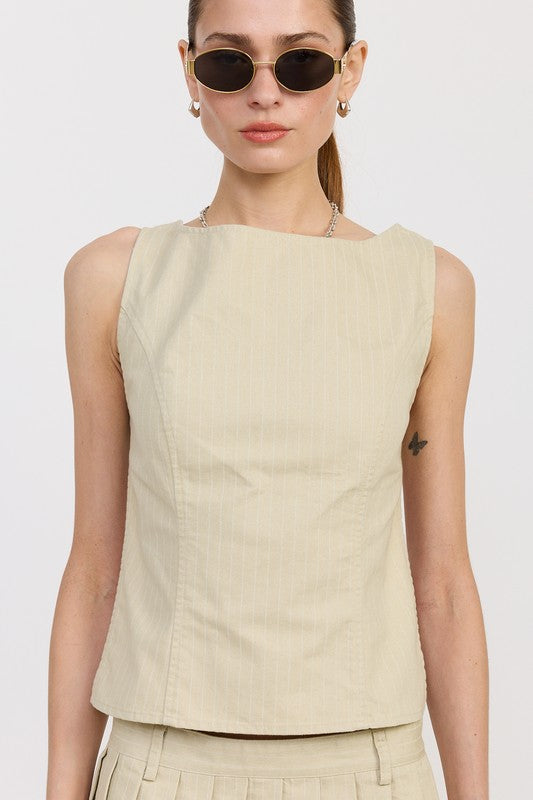 Emory Park beige Backless Rider Top with sleeveless design and square neckline worn by model