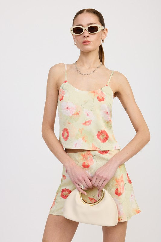 Emory Park floral print Bias Cut Mini Satin Skirt paired with matching camisole and accessories