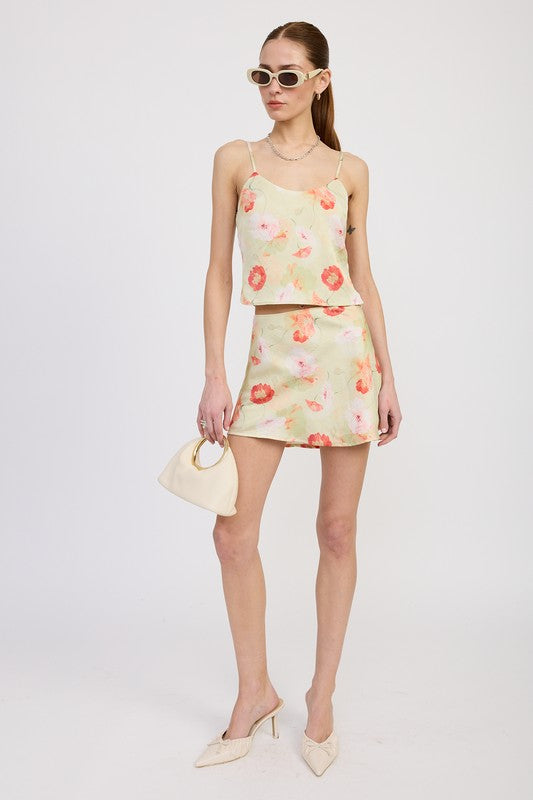Emory Park Bias Cut Mini Satin Skirt in floral print styled with matching top and beige accessories