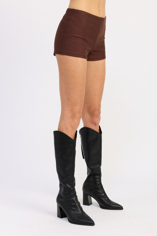 Emory Park Biker Mini Shorts in brown with high-waisted fit, perfect for stylish summer outfits