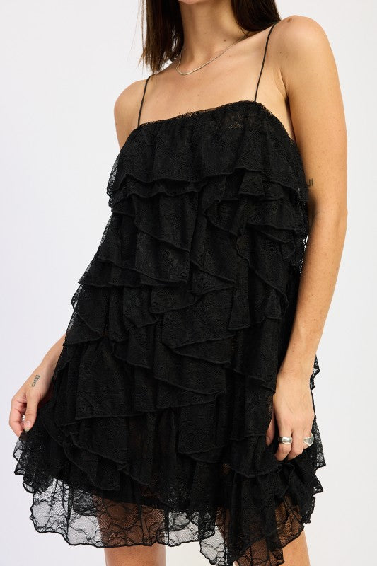 Emory Park Black Ruffled Mini Dress with Delicate Lace Layers for a Chic Look