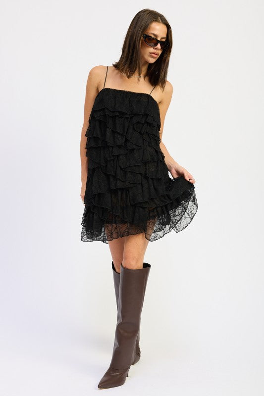 Emory Park Black Ruffled Mini Dress with Layered Design and Spaghetti Straps for Trendy Casual Wear