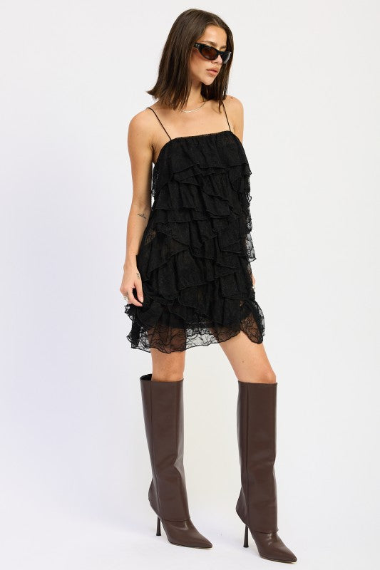 Emory Park Black Ruffled Mini Dress with Spaghetti Straps for Stylish Evening Outfits